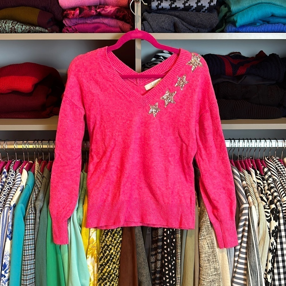 Loft pink with silver sequin stars long sleeve v neck sweater size XS